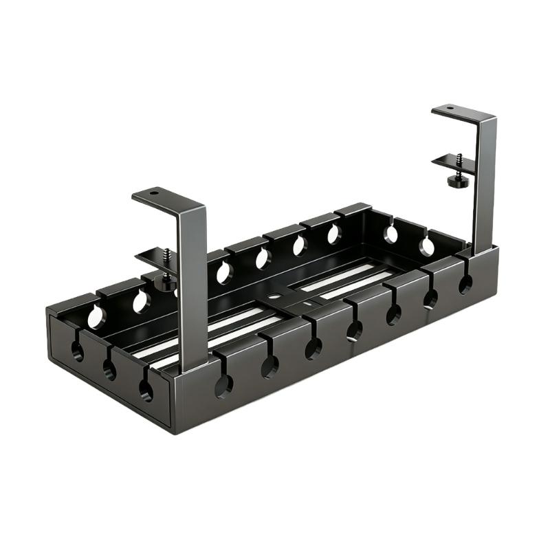 Under-Desk Cable Management Tray in Carbon Steel with Two Edge Clamps and Open Access, Extendable Power Strips Cord Holder for Stored Power