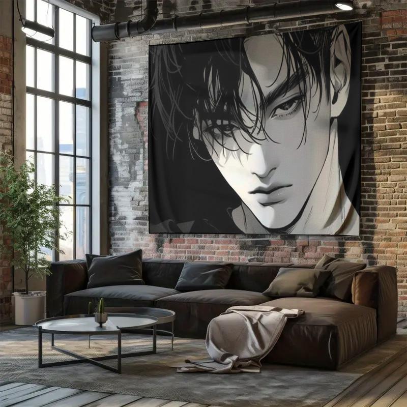 Black and White Anime Style Male Figure Wall Hanging Unique Personality Wall Decorative Tapestry