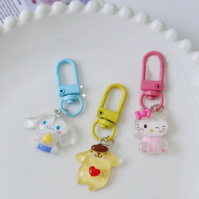 Sanrio Anime Hello Kitty Transparent Fine Flashing Keychain Cartoon Cinnamon Dog Kuromi Melody Bag Pendant Cute Key Accessories
