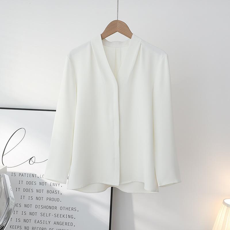 Camicetta da Donna Professionale Grigio Bianco a Scollo a V a Manica Lunga Autunnale