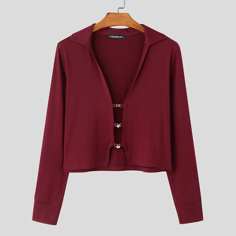 

INCERUN Summer Men Short Sleeve Front Fastening Rib Fitted Cropped T-shirts Tops 2XL червоний