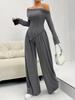Elegant One-Shoulder Solid Color Two-Piece Set with Irregular Long Sleeve & Wide-Leg Pants for Women