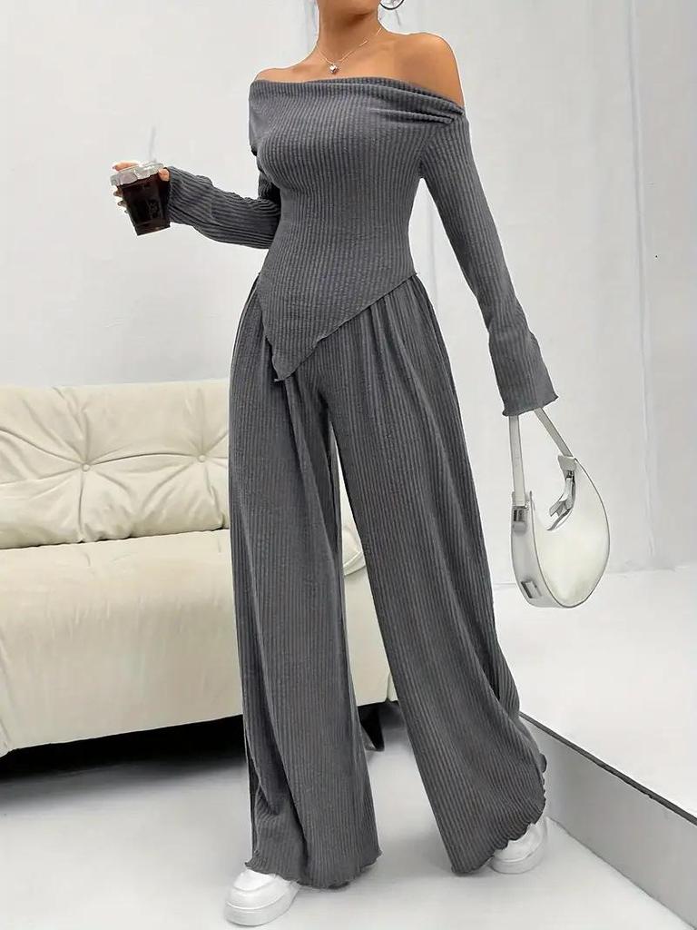 Elegant One-Shoulder Solid Color Two-Piece Set with Irregular Long Sleeve & Wide-Leg Pants for Women