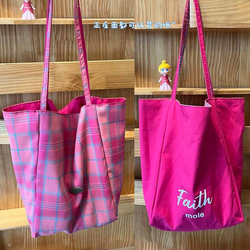 

Retro Double-sided Women s Plaid Shoulder Bags Large Capacity Ladies Tote Shopping Bag Contrast Color Commuter Female Handbags