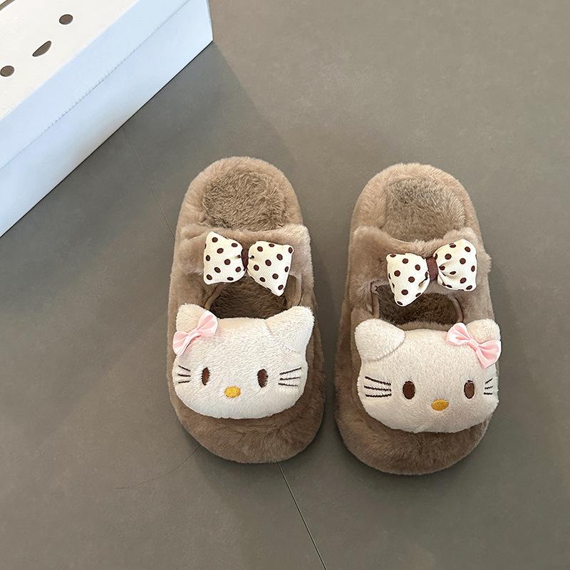 Fashion cute and sweet KT cat fluffy slippers women's autumn and winter 2025 thick-bottomed velvet thermal cotton bag head slippers