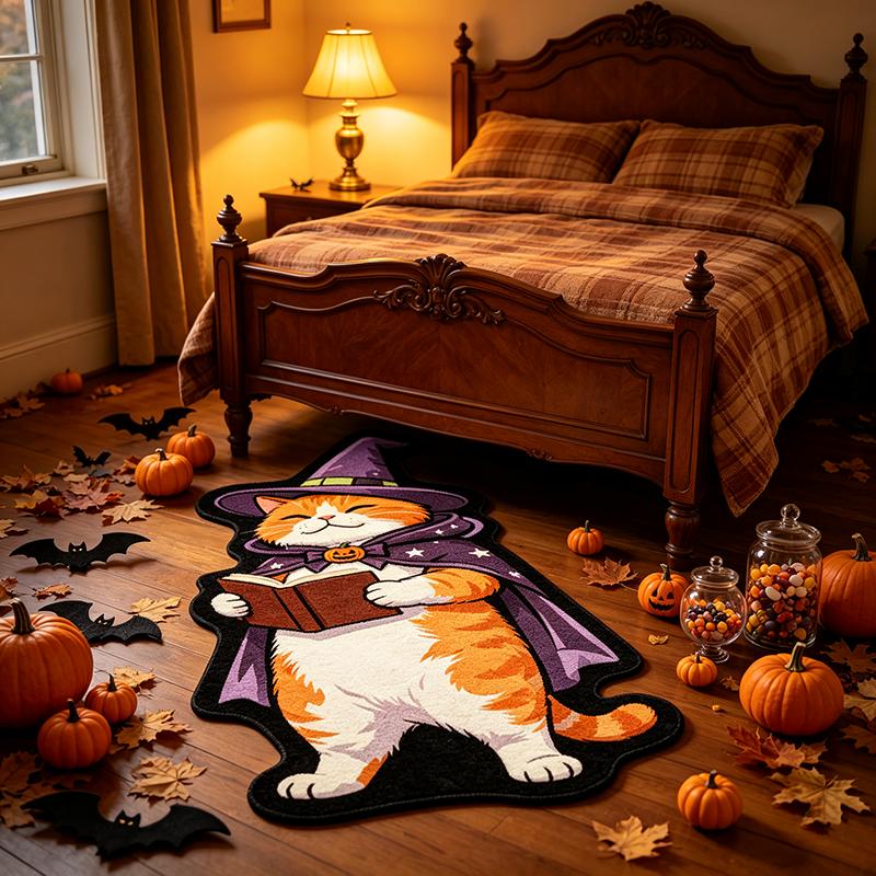 Halloween Cat Shaped Rug, Faux Wool Skull & Pumpkin Design, Non-Slip Soft Mat for Entryway