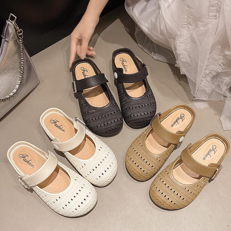Retro Woven Hollow Bag Head Half Slippers Women's Outer Wear New Spring and Summer Vacation One Pedal Soft Bottom