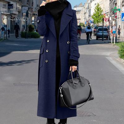 Slim Fit Lapel Coat Women Overcoat Double-breasted Turn-down Collar Cardigan Mid-calf Length Long Sleeves Pocket Jacket with Pockets OL Commuting