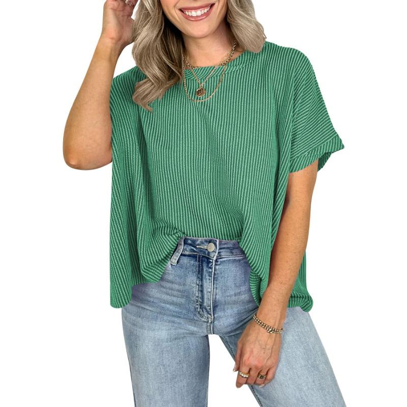 Loose Round Neck Batwing Sleeve Striped Pullover Short Sleeve Casual T Shirt