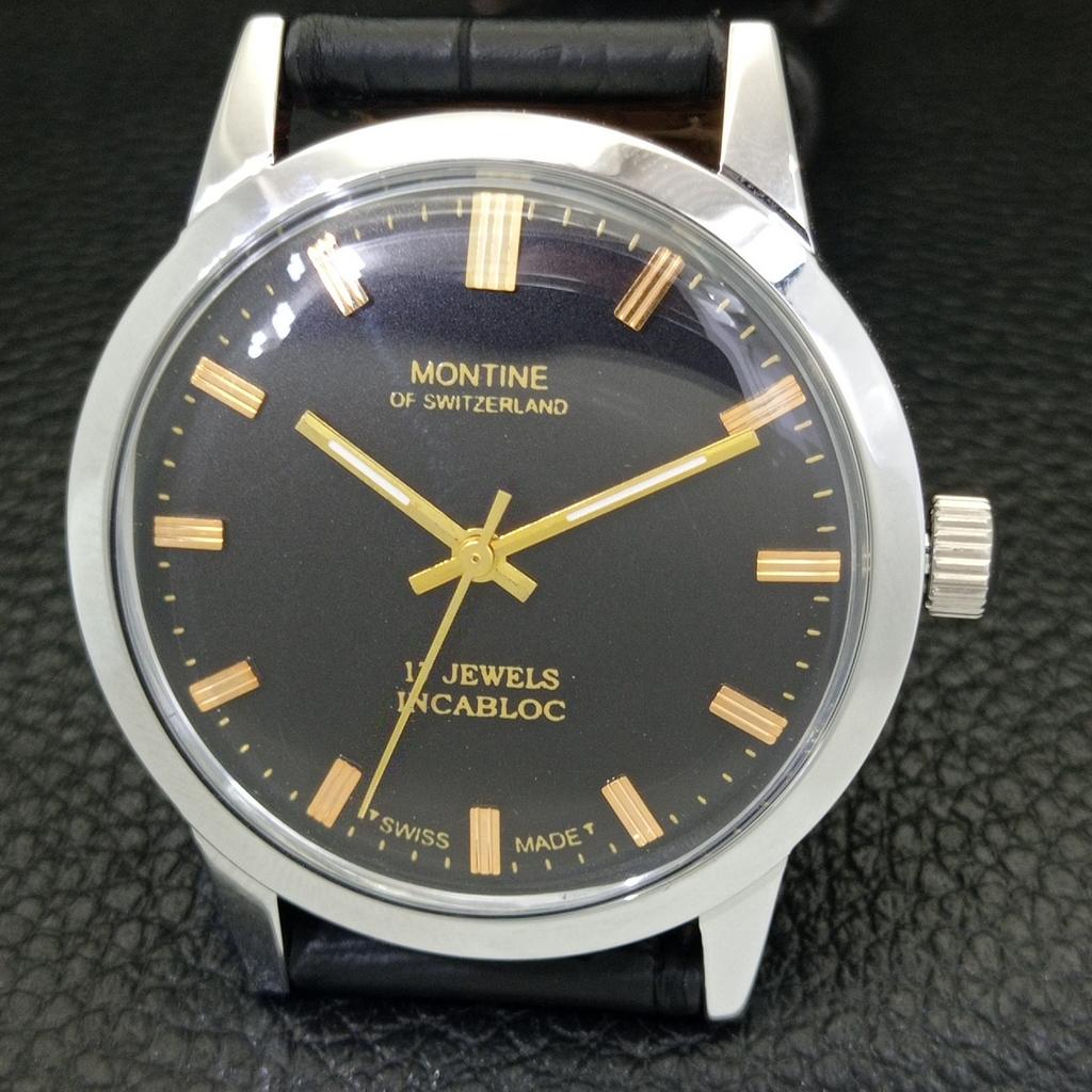 VINTAGE MONTINE rankinio užvedimo ŠVEICARIŠKAS VYRIŠKAS ATNAUJINTAS JUODAS Ciferblatas LAIKRODIS a441063-1