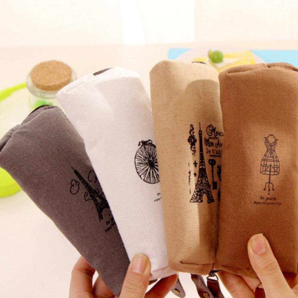 Grid Organizer Burlap Pencil Case Cosmetic Pouch Stationery Storage Makeup Bag