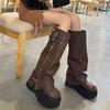 Women Retro Wide Calf Knee High Western Cowboy Boots