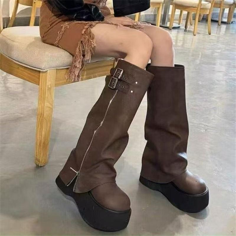 Women Retro Wide Calf Knee High Western Cowboy Boots