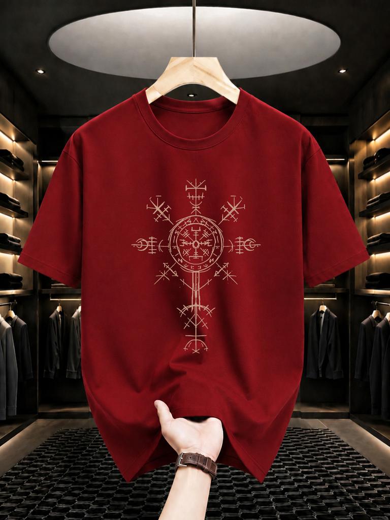 2026 Nuova Maglietta in Cotone Bussola Vichinga Rune Nordiche Stampa Girocollo Manica Corta Street Casual Top