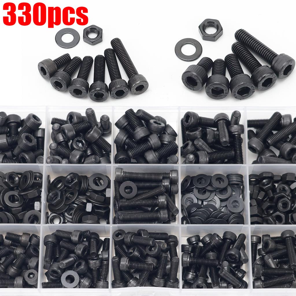 330pcs/M4 M5 12.9 grade black internal hex socket head cap screws, nuts, and flat washers set, DIN912 metric bolts and fasteners