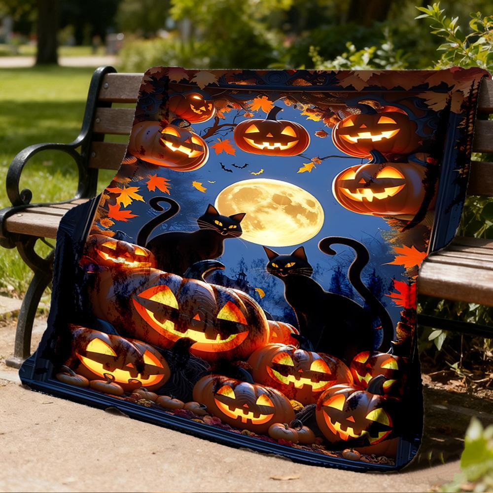 1pc Pumpkins Black Cats Throw Blanket Polyester Fiber, Lightweight Flannel, Soft & Warm, All Season Use for Outdoor, Camping Digital Print