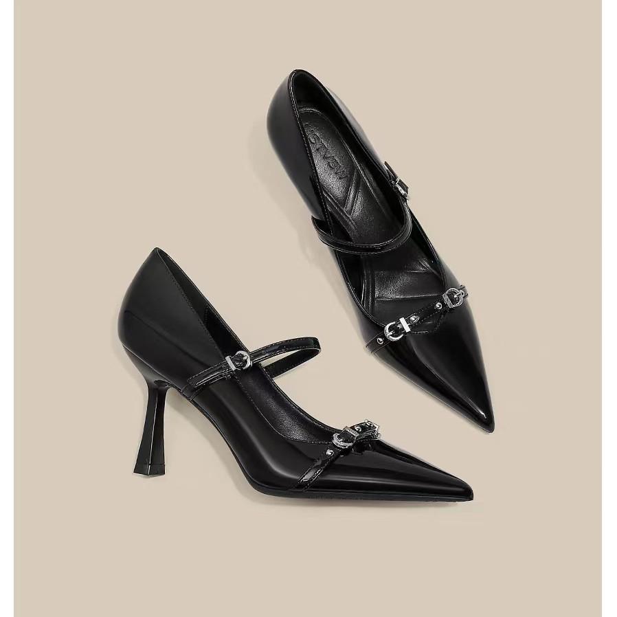 2025 Black Temperament One-word with Stiletto High Heels Women's Niche Design Metal Buckle Pointed Head Shallow Mouth Single Shoes Women