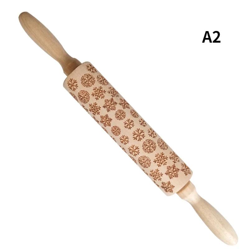Christmas Elk Pattern Kitchen Supplies Rolling Pin Wooden Laser Carving Roller Embossed Rolling Pin Household Baking Small Tools