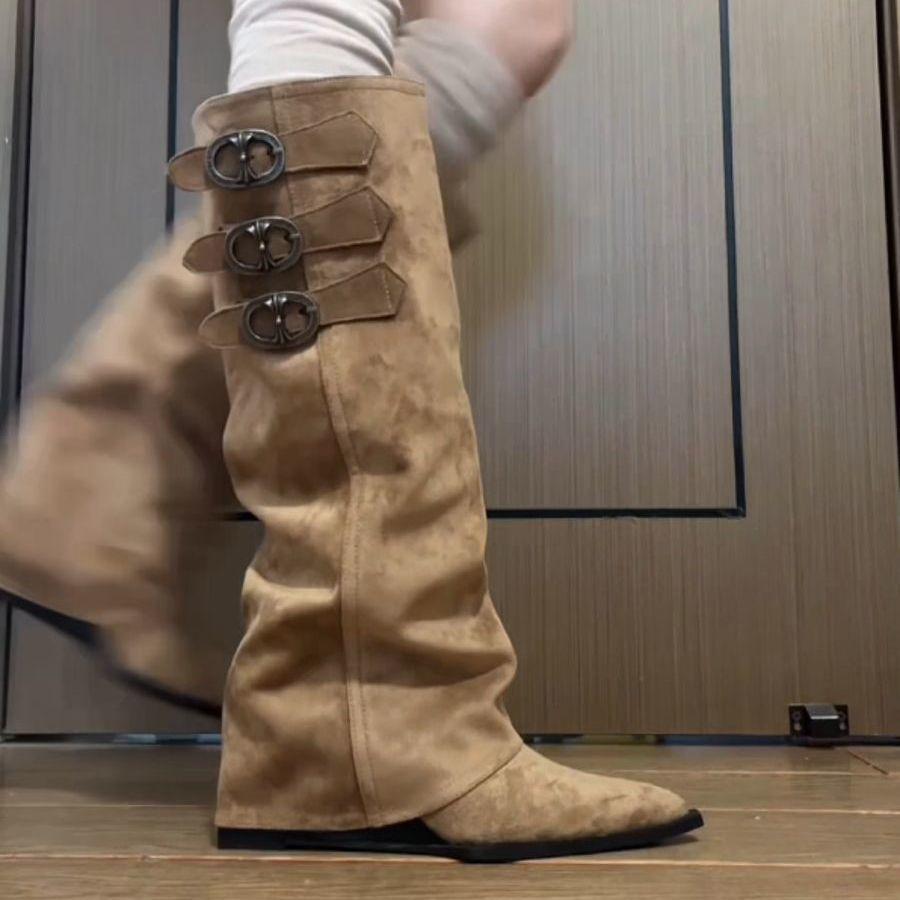 Niche Design Trouser Boots 2025 Autumn and Winter New Heightening Pointed Belt Buckle Versatile Western Cowboy Boots Long Boots