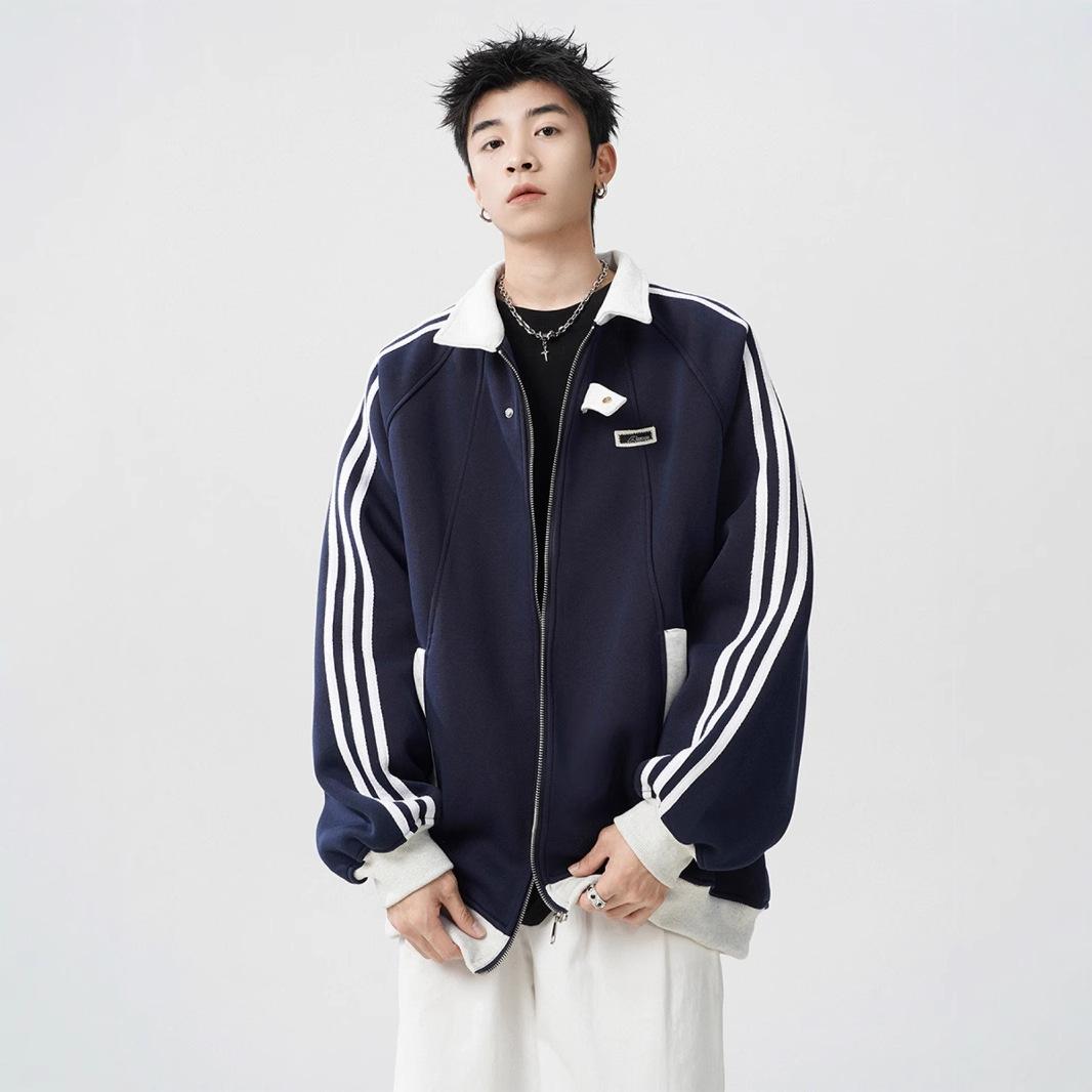 

Полосатый повседневный кардиган-свитшот мужской осенне-зимний в новом студенческом стиле, универсальная спортивная куртка-пальто для пары XXXL