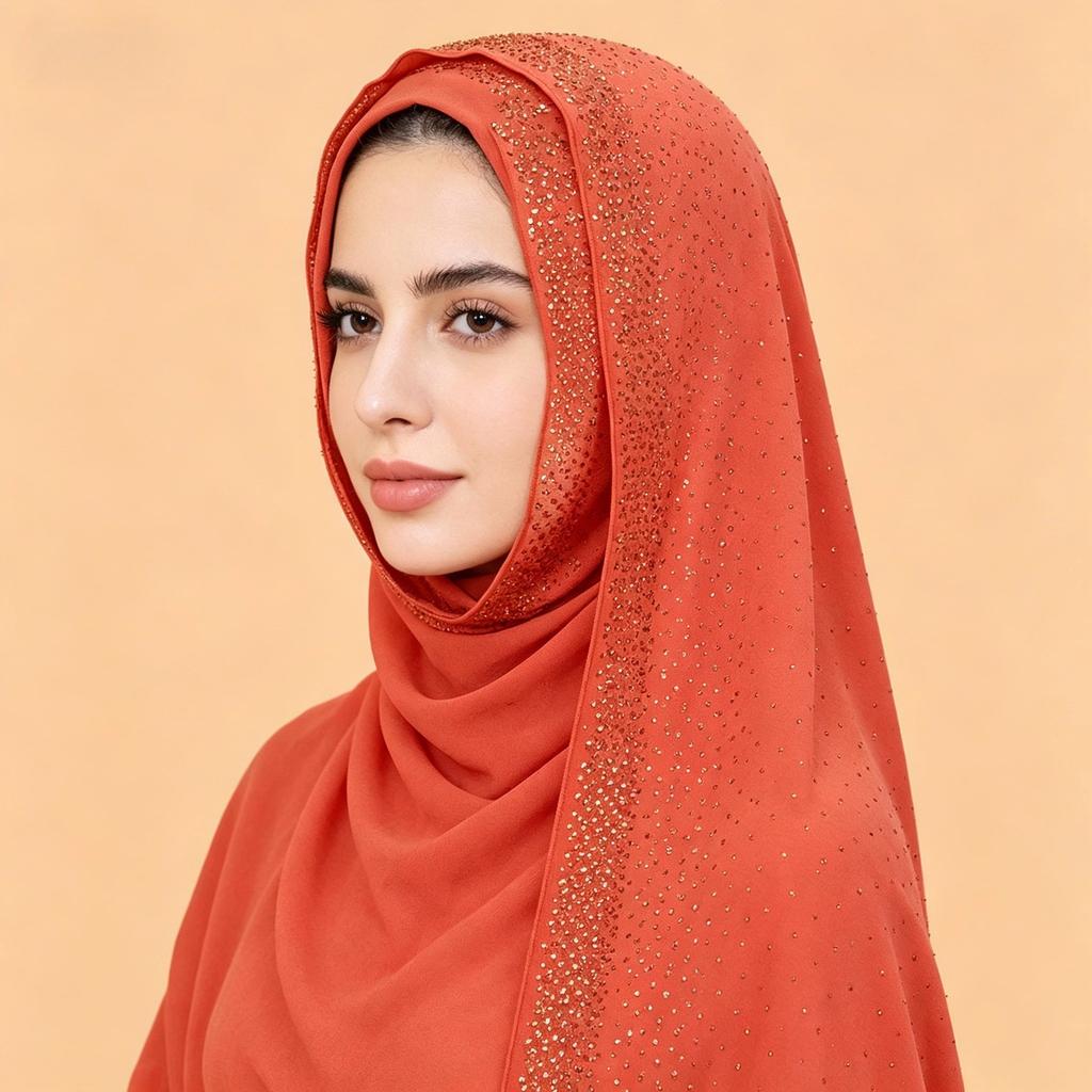 Full Cover Rhinestone Chiffon Scarf Solid Color Breathable Prayer Hijab Crinkle Shawl