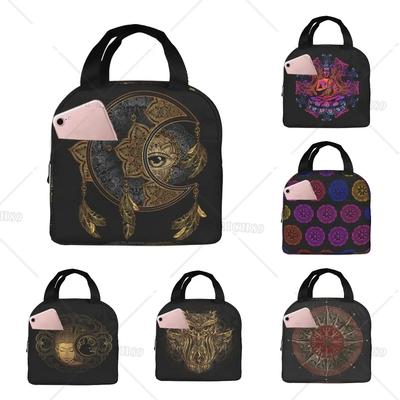 Mandala Boho Crescent Moon Sun Dreamcatcher Lunch Bag Waterproof Portable Tote Bag for Fashion Lunch Box with Zip Closure