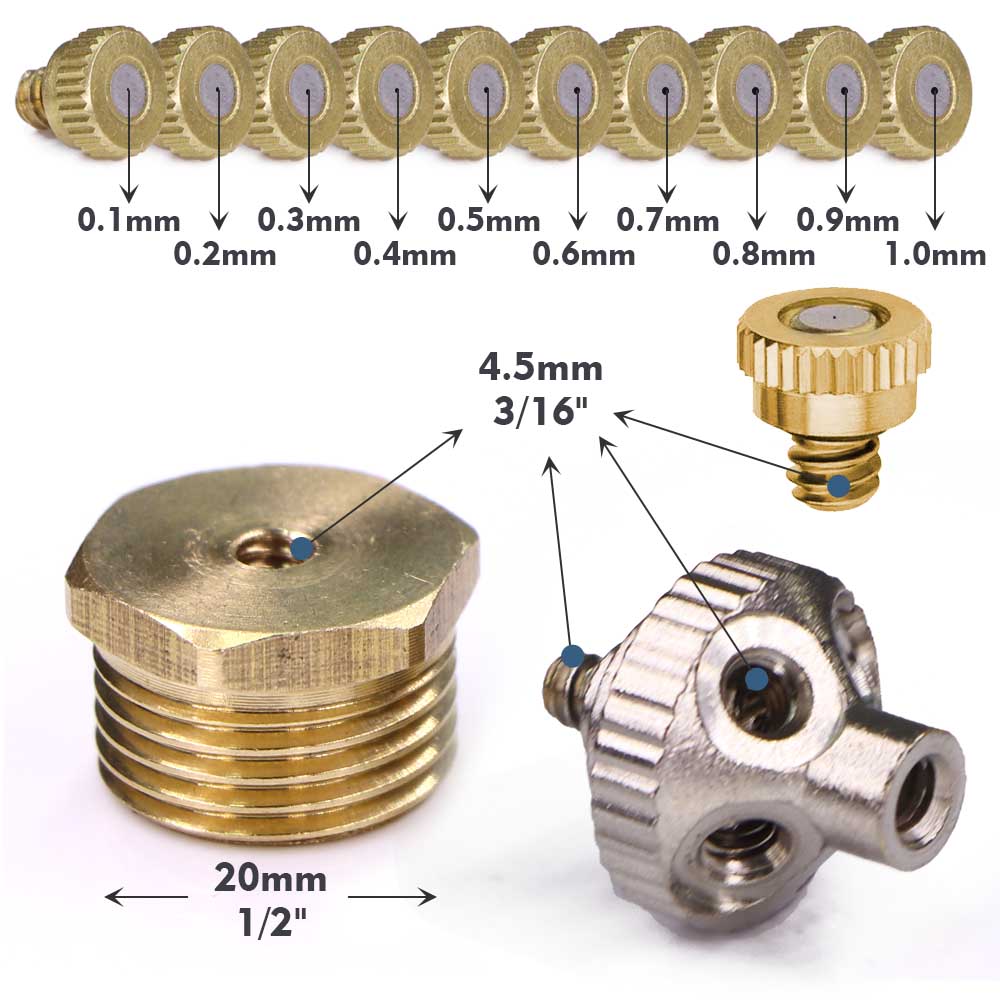 5-holes Misting Nozzle 0.1-1.0mm Fine Atomizer Sprayer 1/2" 20mm Brass Adapter Garden Irrigation Humidification Cooling Watering