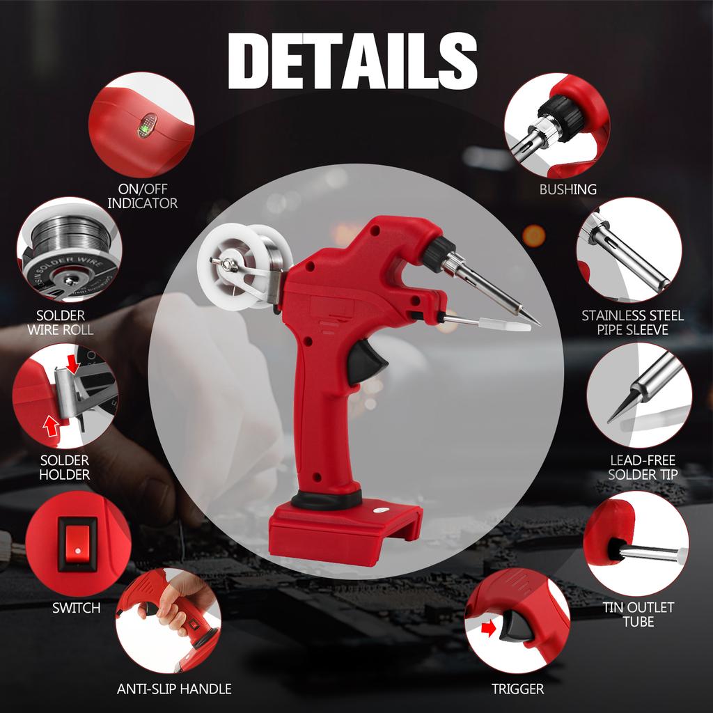 Ferro de Solda Sem Fio 30W para Bateria Milwaukee 18V Alimentação Automática Kit Pistola de Solda com 5 Pontas de Solda(Sem bateria)