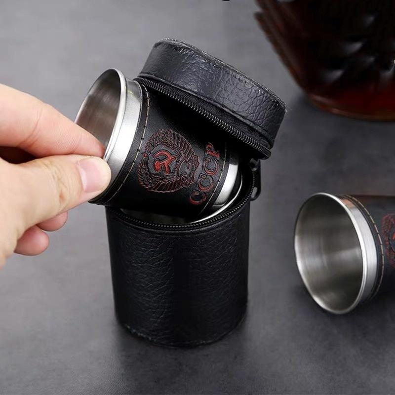 4pcs/set Vodka Cup 304 PU Holster Russia Stainless Steel Mini Wine Tumbler Portable Personalized 30ml/75ml/170ml Shot Glass Set