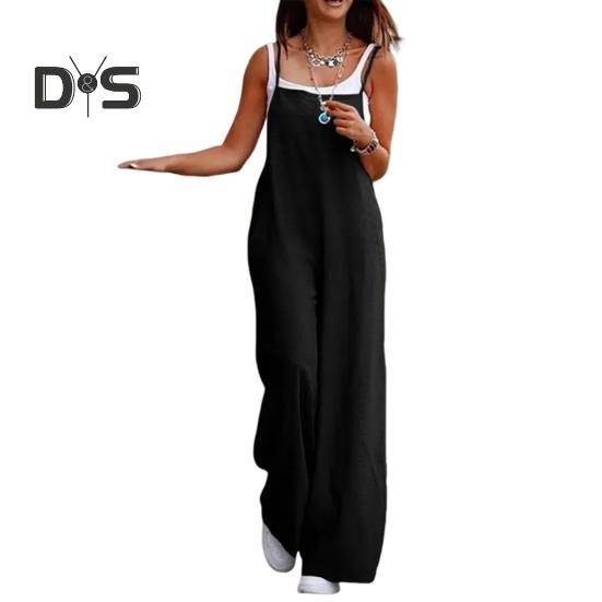 Damen-Jumpsuit, kragenlos, Spaghettiträger, rückenfrei, ärmellos, locker, weites Bein, volle Länge, Overall, lässiges Alltagsoutfit