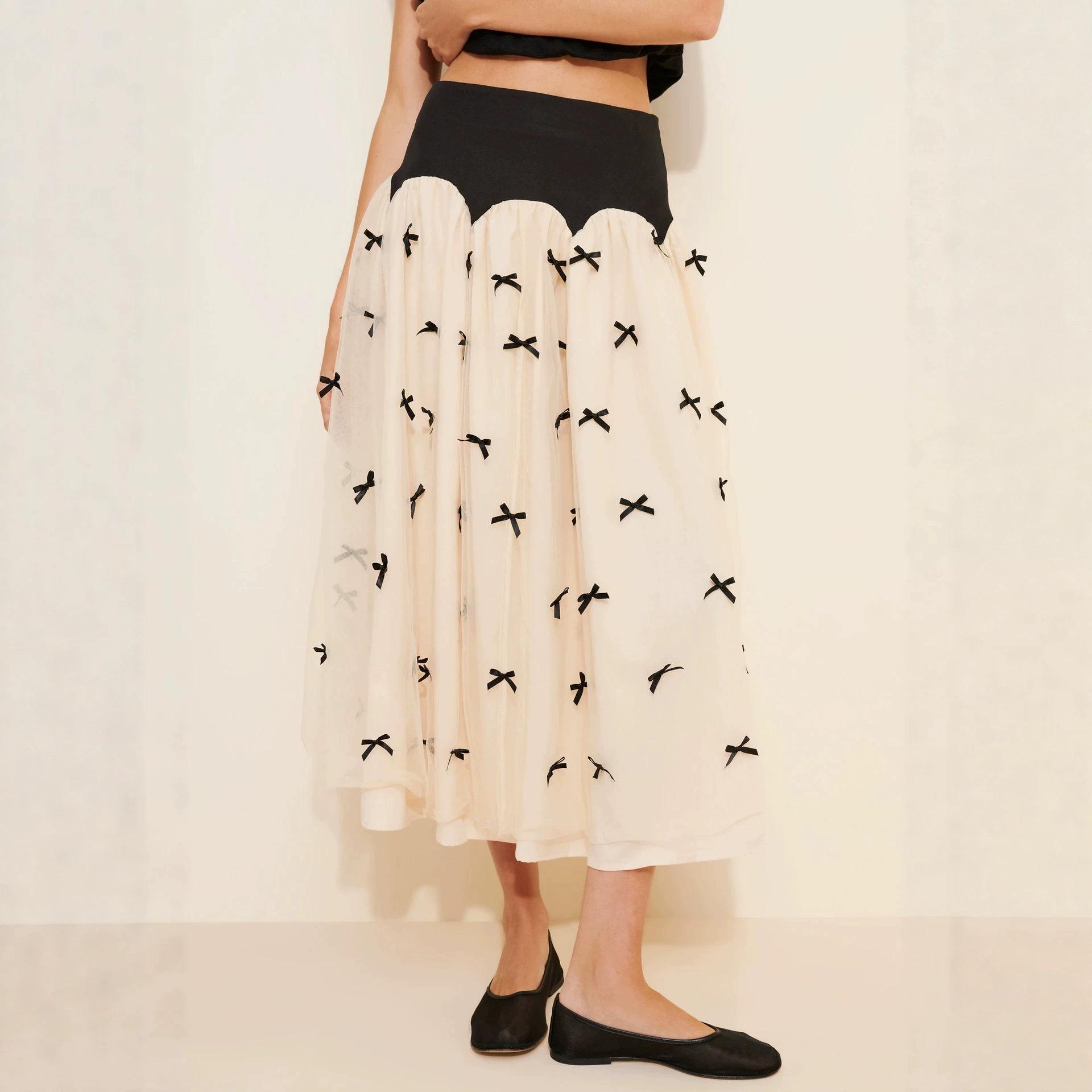 French gentle wind mesh bow splicing skirt light luxury high waist thin temperament fluffy medium and long gauze skirt XS