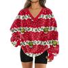 Women's Fashionable V-neck Christmas Printed Long Sleeved Casual Pullover Plush Warm Pocket Sweatshirt Top