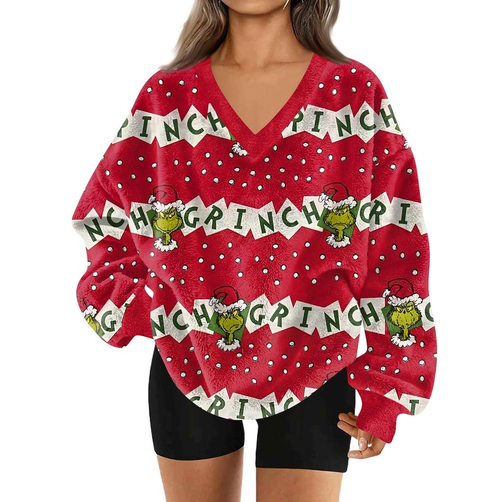 Women's Fashionable V-neck Christmas Printed Long Sleeved Casual Pullover Plush Warm Pocket Sweatshirt Top