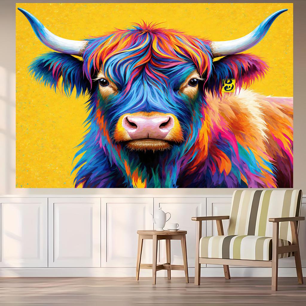 2D Flat, Colorful Highland Cow Art Tapestry Wall Hanging For Living Room Bedroom Decor Boho Animal Print Home Decoration Gift