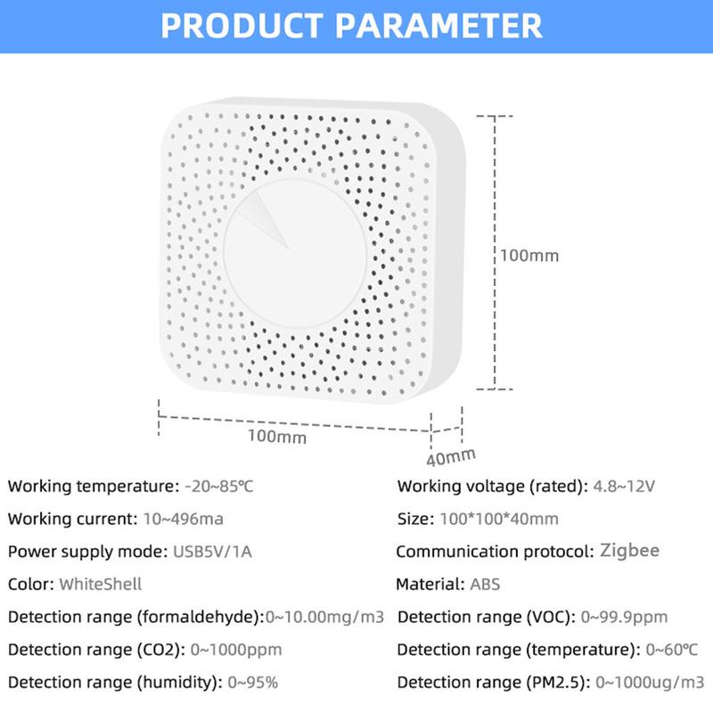 Tuya Zigbee Intelligent Air Housekeeper 6-in-1 Air Quality Monitor PM2.5/Formaldehyde/TVOC/CO2/Temperature/Humidity Detector
