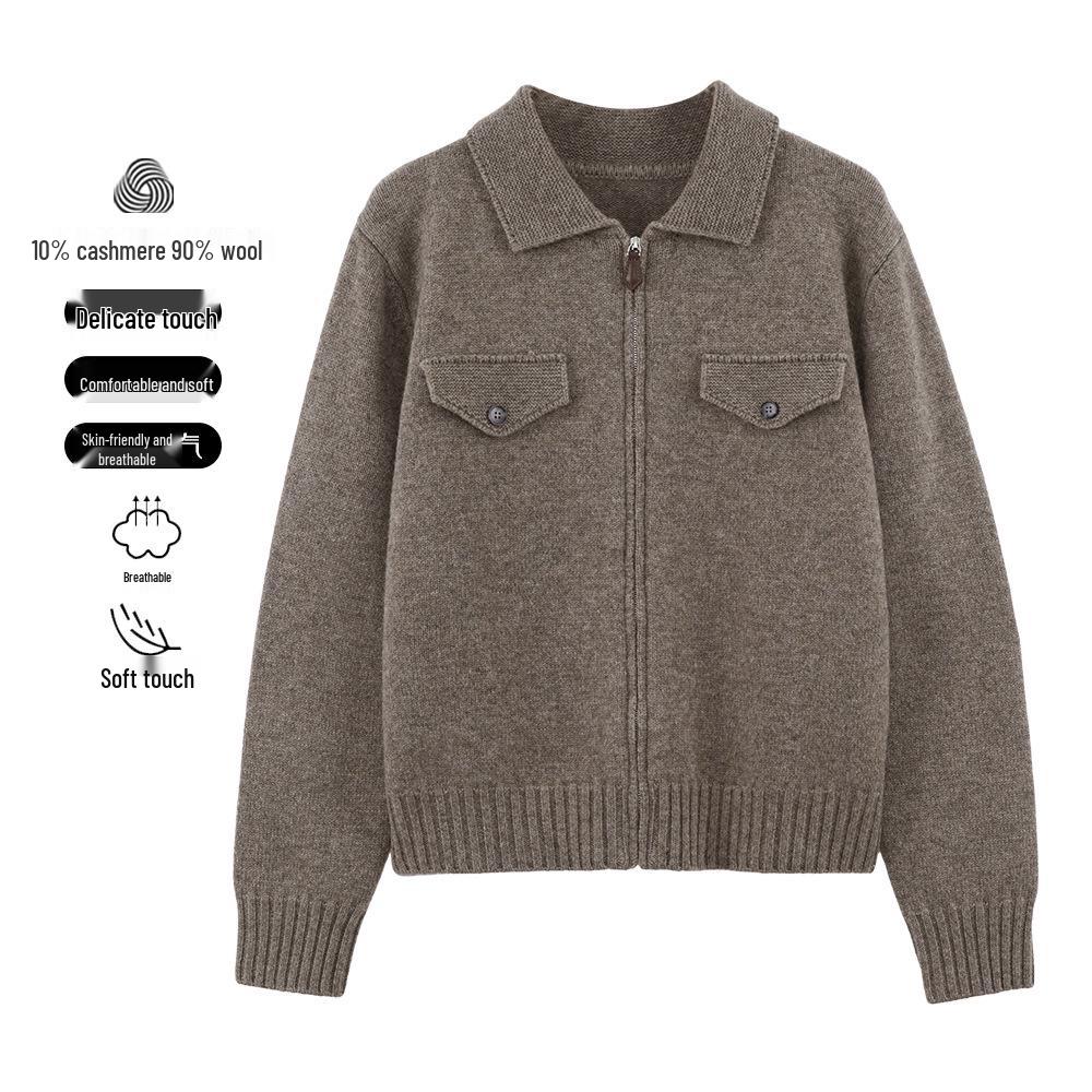 LP25 Autumn/Winter Cashmere Wool Faux Jacket with Zipper, Lapel, and Pockets - Maillard Style Sweater for Women