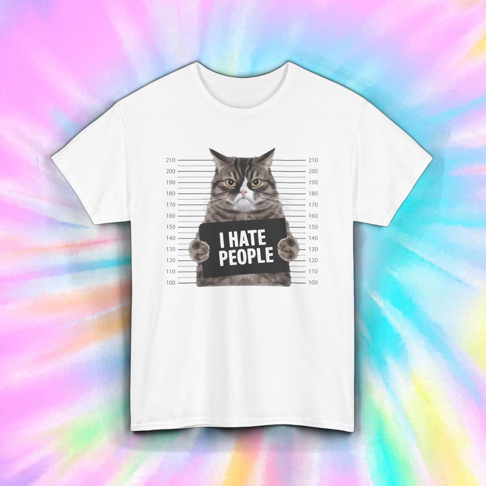 I Hate People Shirt Angry Cat Mugshot Funny Introvert Humor Graphic Tee S-5XL L
