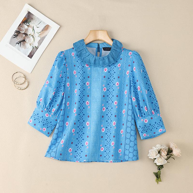 

ZANZEA Women Lace Crochet Splice Round Neck Casual Half Sleeve Print Blouse S синій