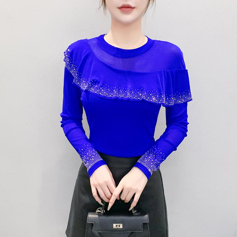 Spring Autumn Women's Ruffles Hotfix Rhinestone T-Shirt Elegant Full Sleeve O-neck Tees Slim Ladies Tops
