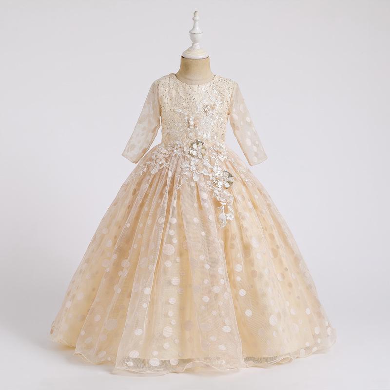 Dětské šaty Puntíkatý dlouhý rukáv Dívčí šaty Květinová dekorace Britská princezna Wind dress
