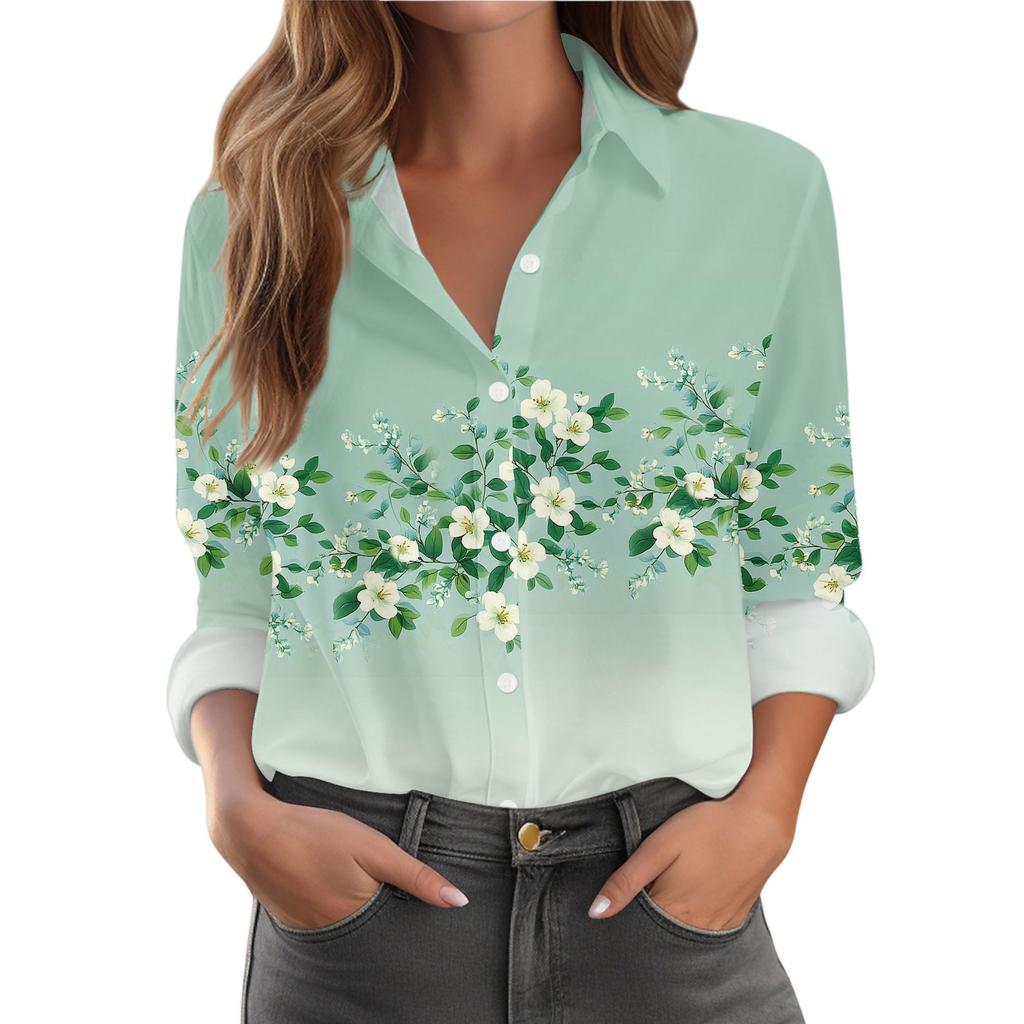 Women's Shirt With Floral Print Buttons, Long Sleeved Casual Regular Shirt Blouses Casual Plus Size Basic Tops
