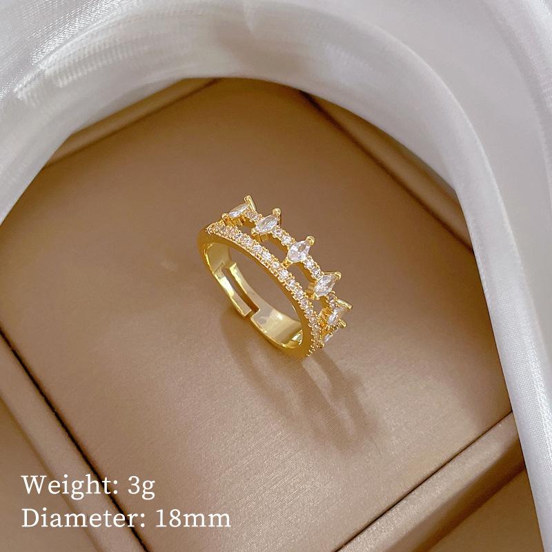 Real Gold Full Diamond Double-Layer Wedding Ring Ring Opening Adjustable Simple Jewelry Japanese Ring Couple Ring