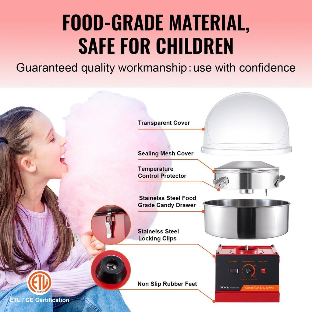 Electric Cotton Candy Machine, 1000W Candy Floss Maker, Commercial Cotton Candy Machine with Cover, Stainless Steel Bowl, and Sugar Scoop, Perfect for