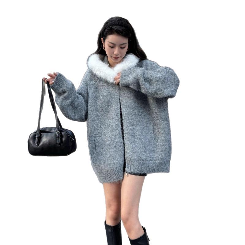 Autumn and Winter New Fashion Hooded Fur Collar Knitted Cardigan Women's Clothing Loose Casual Lazy Sweater Jacket