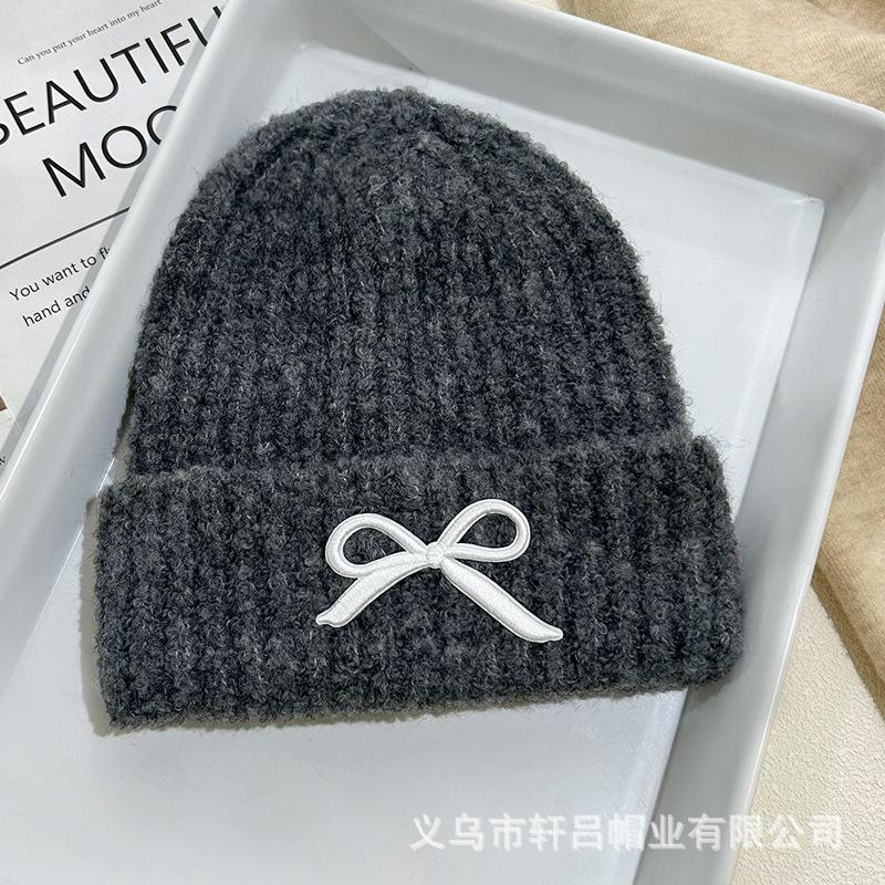 Versatile Fashion Embroidered Bow Knitted Hat Autumn and Winter New Solid Color Versatile Warm Wool Hat Cold Hat