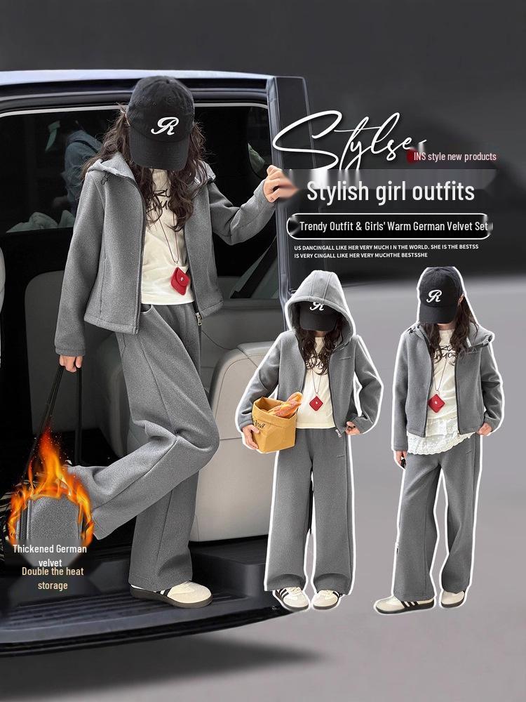 Ensemble Sweat à capuche doublé polaire et pantalon de survêtement pour filles - Style hiver 2025