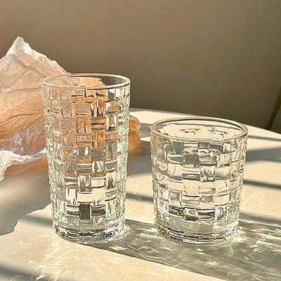 290/320ml Rattan Woven Net Red Glass Cup Household Embossed Transparent Water Cup Juice Coffee Cold Drinking Cup Iced Coffee Mug