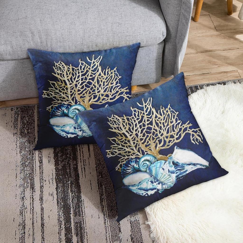 Emvency Set of 2 Throw Pillow Cover Blue Seashore Indigo Ocean Coral Seashells Beach House Gray Coastal Decorative Pillow Case Home Decor Square 18 X