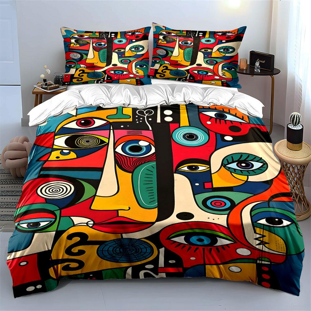 Abstract colorful faces with eyes Bedding Set for Kids Luxury Gift 3pcs Digital Print Comforter Set Soft Comfortable Breathable