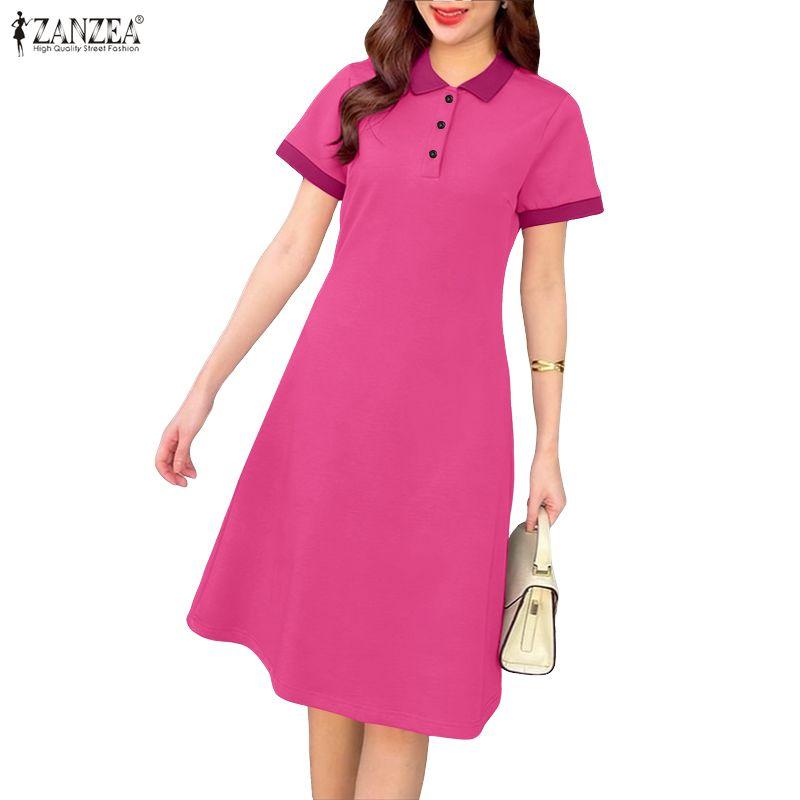 ZANZEA Women Casual Turn Down Collar Summer Short Sleeve Polo Dress